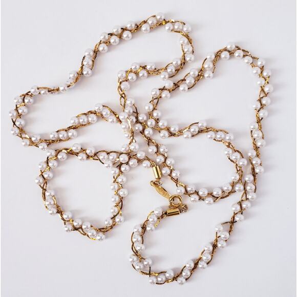 Vintage Signed Napier Faux Pearl Necklace with Gold Tone Braided Chain 30” - Picture 1 of 6